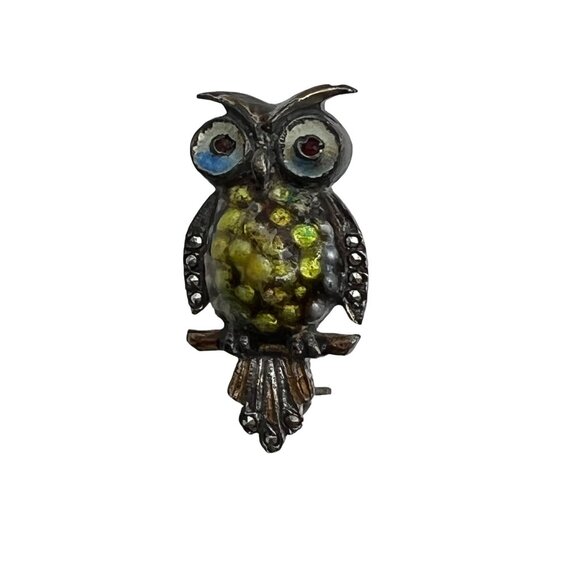 Alice Caviness Brooch Sterling Guilloche Enamel Marcasite Owl Bird Pin Brooch - Picture 2 of 10